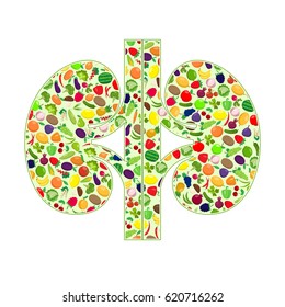 Two kidneys silhouettes with fruit and vegetables