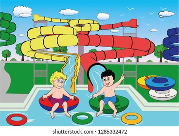 Two kids at the aquapark are having fun