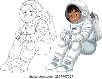 Two kids in astronaut suits, one colored