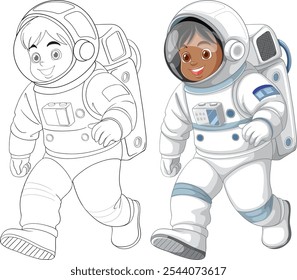 Two kids in astronaut suits, one colored, one outlined