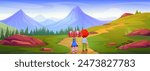 Two kids back view walking along path on meadow with green grass and rocks with high mountains and spruce forest on background. Cartoon vector summer landscape with boy and girl friends go on trail.