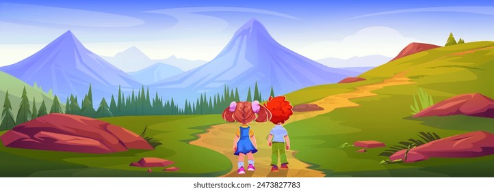 Two kids back view walking along path on meadow with green grass and rocks with high mountains and spruce forest on background. Cartoon vector summer landscape with boy and girl friends go on trail.