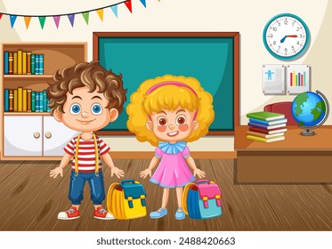 Dos niños con mochilas en el aula