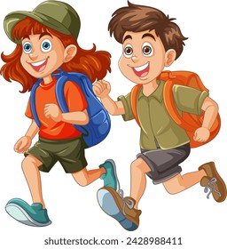 Two kids with backpacks enjoying a hike.