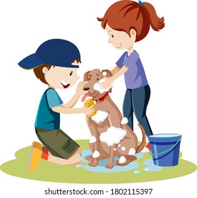 Two kids bathing dog with bubble foam on dog body cartoon isolated illustration