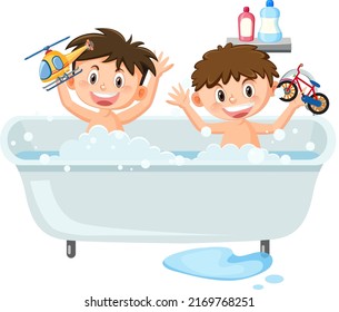 Two kids in bathtub in cartoon style illustration
