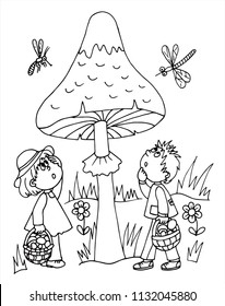 Two kids and a big mushroom in the forest. Black and white vector for gift or card. 