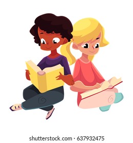 Two kids, black, African boy and caucasian girl, reading books sitting on the floor, cartoon vector illustration isolated on white background. Kids, boy and girl, black and caucasian reading books