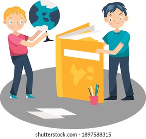 Two kids with book and earth globe. Flat design illustration. Vector