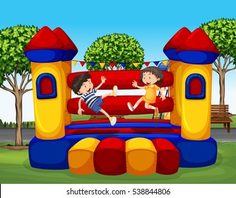 Two kids bouncing on the rubber house illustration