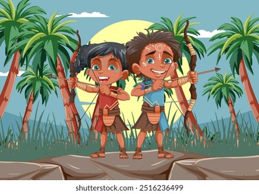 Two kids with bows in a jungle setting