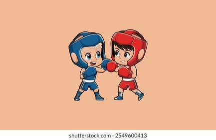 Two kids boxing with helmets and gloves in blue and red gear.