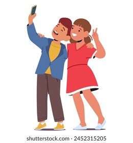 Two Kids Boy And Girl Characters Grinning Widely, Heads Close Together, Capturing A Joyous Moment In A Playful Selfie Snapshot. Children Photographing Together. Cartoon People Vector Illustration