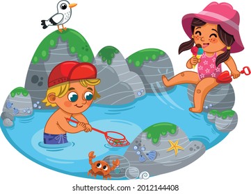 Two kids, a boy and a girl are having fun on the beach. Children summer vacation. Vector illustration.
