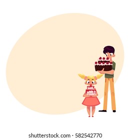 Two kids, boy and girl, holding birthday cakes, getting ready for party, cartoon vector illustration with place for text.