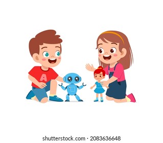 two kids boy and girl play robot and doll together