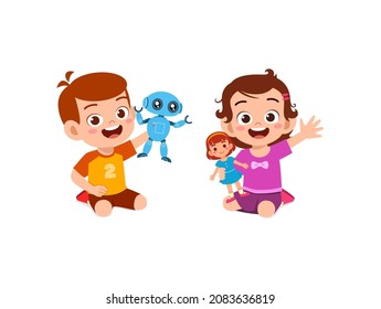 two kids boy and girl play robot and doll together