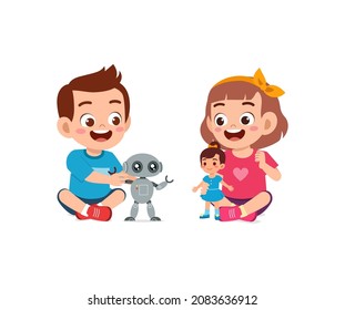 two kids boy and girl play robot and doll together