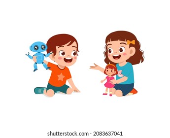 two kids boy and girl play robot and doll together