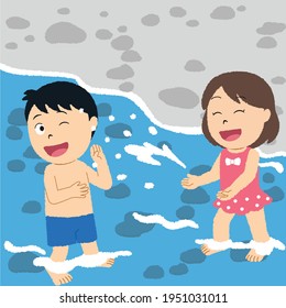 Two kids boy and girl are playing in a river in summer. Outdoor illustration.