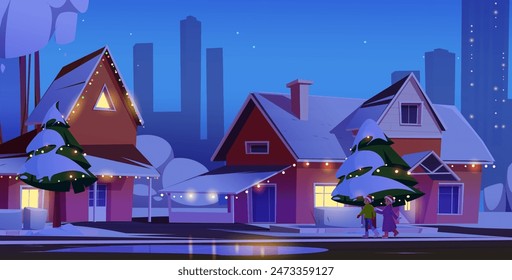 Dos niños niño y niña en Santa Claus sombreros caminando calle suburbana con casas decoradas con guirnalda en la noche en las Navidades. Ilustración vectorial de dibujos animados del paisaje nevado invernal del barrio.