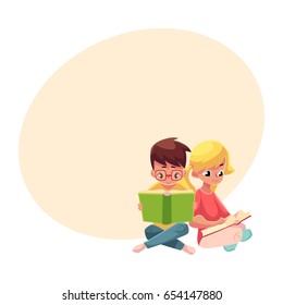 Two kids, boy in glasses and blond girl with ponytails, reading books sitting on the floor, cartoon vector illustration with space for text. Kids, boy and girl, reading books, sitting