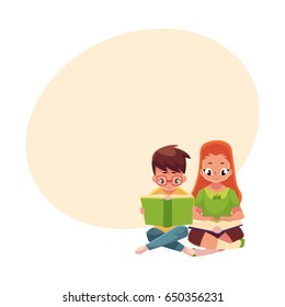 Two kids, boy in glasses and red haired girl, reading books sitting on the floor, cartoon vector illustration with space for text. Kids, boy and girl, reading books, sitting