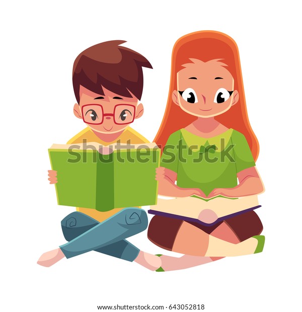 白い背景に2人の子ども 眼鏡をかけた男の子と赤い毛の女の子 床に座った本を読む 漫画のベクターイラスト 子ども 男の子 女の子 本を読み 座る のベクター画像素材 ロイヤリティフリー