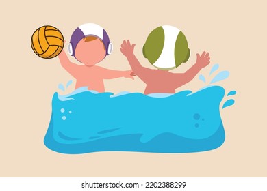 Two Kids Boy Playing Water Polo Ball While Swimming. Water Polo Concept. Vector Illustration.