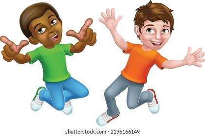 Two kids boys cartoon character children jumping for joy