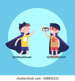 Two kids boys friends taking photos of each other in superhero costumes. Modern flat vector illustration clipart. 