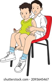 Two kids brother and sister sitting on a chair. Little girl is eating cookies.