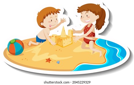 Two kids building sand castle at the beach illustration