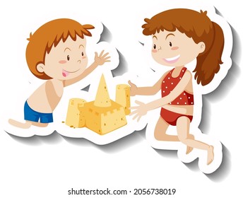 Two kids building sand castle cartoon character sticker illustration