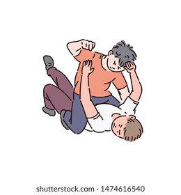 Two kids of a bully boy are fighting, childrens fight and bullying at school, vector cartoon illustration.