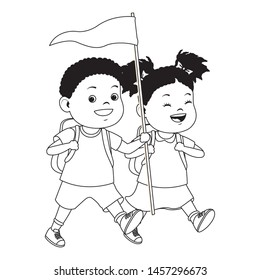 Two kids with camping backpacks and flag ready to summer camp ,vector illustration graphic design.