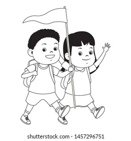 Two kids with camping backpacks and flag ready to summer camp ,vector illustration graphic design.