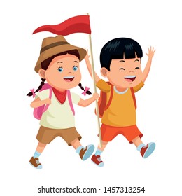 Two kids with camping backpacks and flag ready to summer camp. vector illustration.