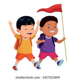 Two kids with camping backpacks and flag ready to summer camp ,vector illustration.