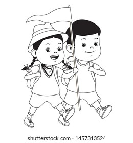 Two kids with camping backpacks and flag ready to summer camp ,vector illustration.