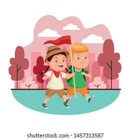 Two kids with camping backpacks and flag ready to summer camp in city park urban scenery background ,vector illustration graphic design.