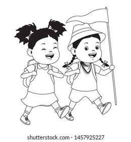 Two kids with camping backpacks and flag ready to summer camp ,vector illustration graphic design.