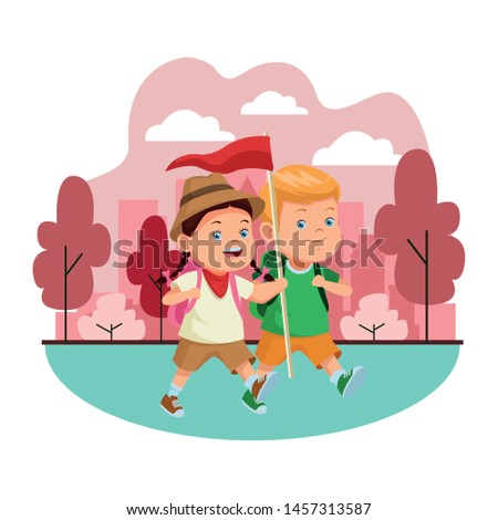 Two kids with camping backpacks and flag ready to summer camp in city park urban scenery background ,vector illustration graphic design.