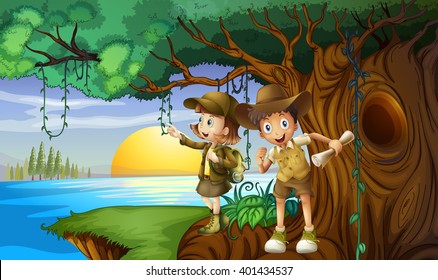Two kids camping by the river illustration