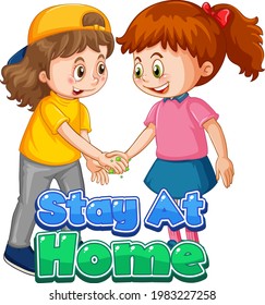 Two kids cartoon character do not keep social distance with Stay at Home font isolated on white background illustration