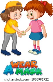 Dos niños caricaturistas no mantienen la distancia social con el tipo de letra Wear a Mask aislado en la ilustración de fondo blanco