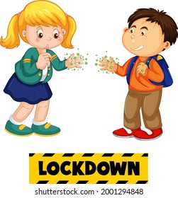 Two kids cartoon character do not keep social distance with Lockdown font isolated on white background illustration
