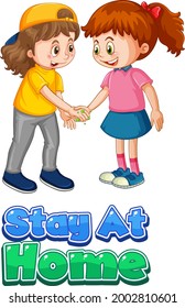 Two kids cartoon character do not keep social distance with Stay at Home font isolated on white background illustration