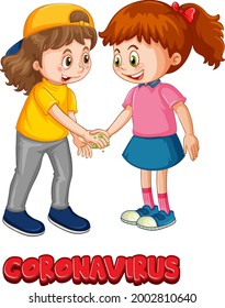 Dos niños caricaturistas no mantienen la distancia social con el tipo de letra Coronavirus aislado en la ilustración de fondo blanco