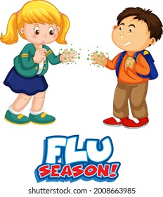 Two kids cartoon character do not keep social distance with Flu season font isolated on white background illustration